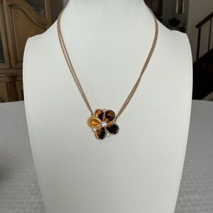 Tortoiseshell and Rhinestone Gold Tone Pendant Necklace